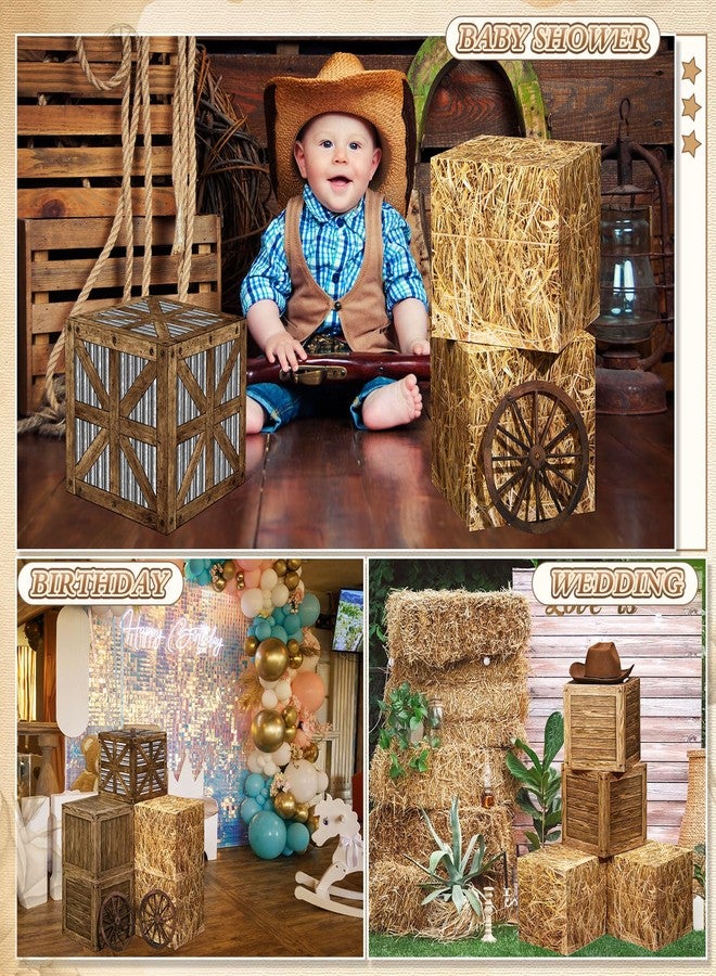Saypacck 7 Pcs Cowboy Party Decoration Set Includes Hay Bales Boxes Wooden Bales Boxes Wagon Wheel Western Cowboy Birthday Decor Fake Hay Boxes Vintage Rustic Wagon Wheel for Fall Harvest Farm - Image 5